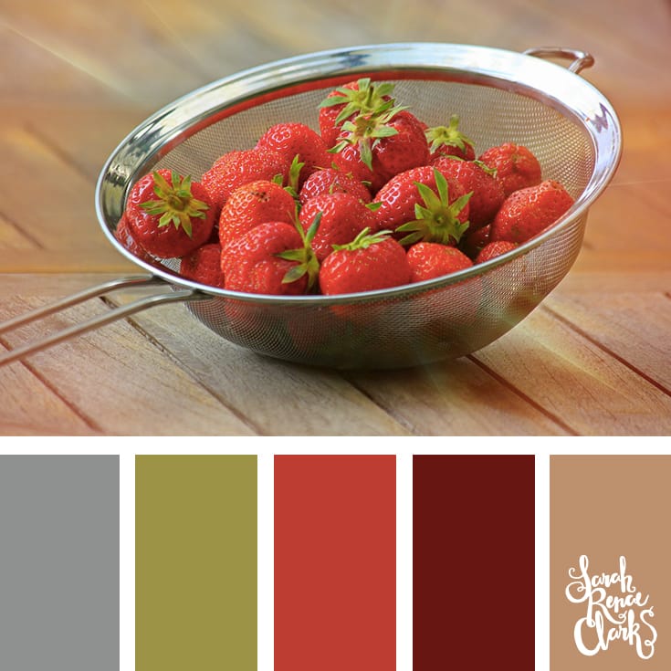 Color-Palette-118-strawberries Strawberry colors | Click for more color combinations and color palettes inspired by the Pantone Fall 2017 Color Trends, plus other coloring inspiration at http://sarahrenaeclark.com | Colour palettes, colour schemes, color therapy, mood board, color hue