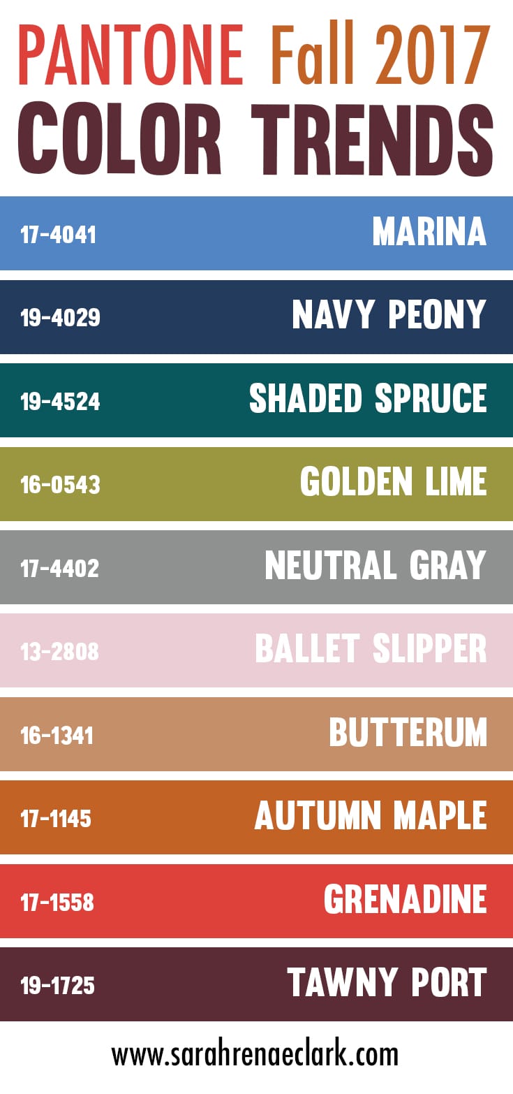 Pantone-Color-Trends-FALL-2017 The Pantone fall 2017 color trend predictions include Grenadine, Tawny Port, Ballet Slipper, Butterum, Navy Peony, Neutral Gray, Shaded Spruce, Golden Lime, Marina and Autumn Maple