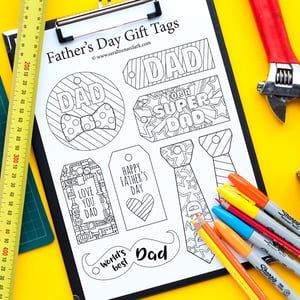These printable Father’s Day gift tags are fun to color in and a great way to personalize your Father’s Day gift! 8 Designs available to color for Father’s Day | Find more Father’s Day printables and free coloring pages at https://sarahrenaeclark.com/shop/cat/seasonal/fathers-day/