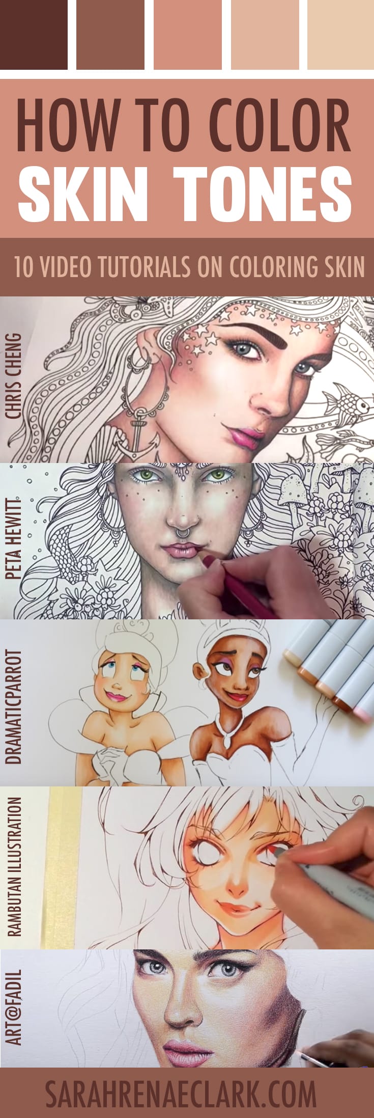 Learn how to color skin tones with colored pencils or markers with these 10 video tutorials. | How to Color Skin Tones | 10 Video Tutorials on Skin Coloring Techniques with Colored Pencils or Markers | Three-part series by Sarah Renae Clark