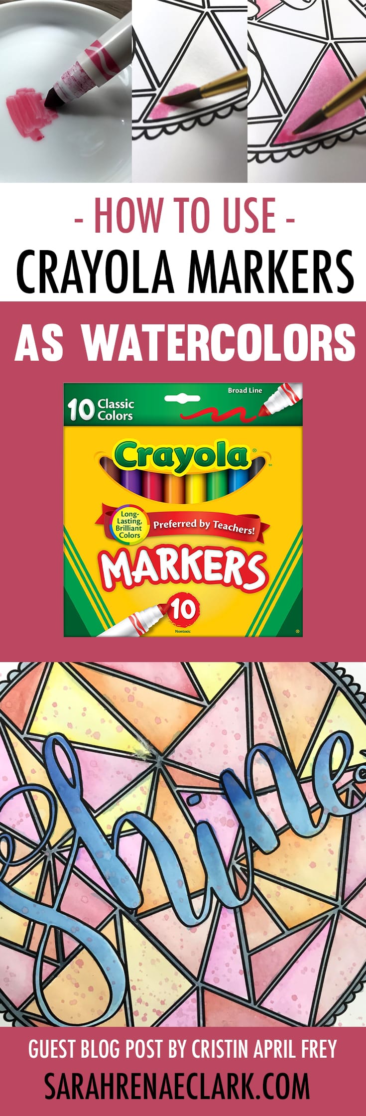 In this coloring tutorial, Cristin will show you how to create beautiful watercolor effects using cheap Crayola markers and water. Check out the step-by-step photos and video tutorial, plus other adult coloring hacks at www.sarahrenaeclark.com | How to use Crayola markers as watercolors