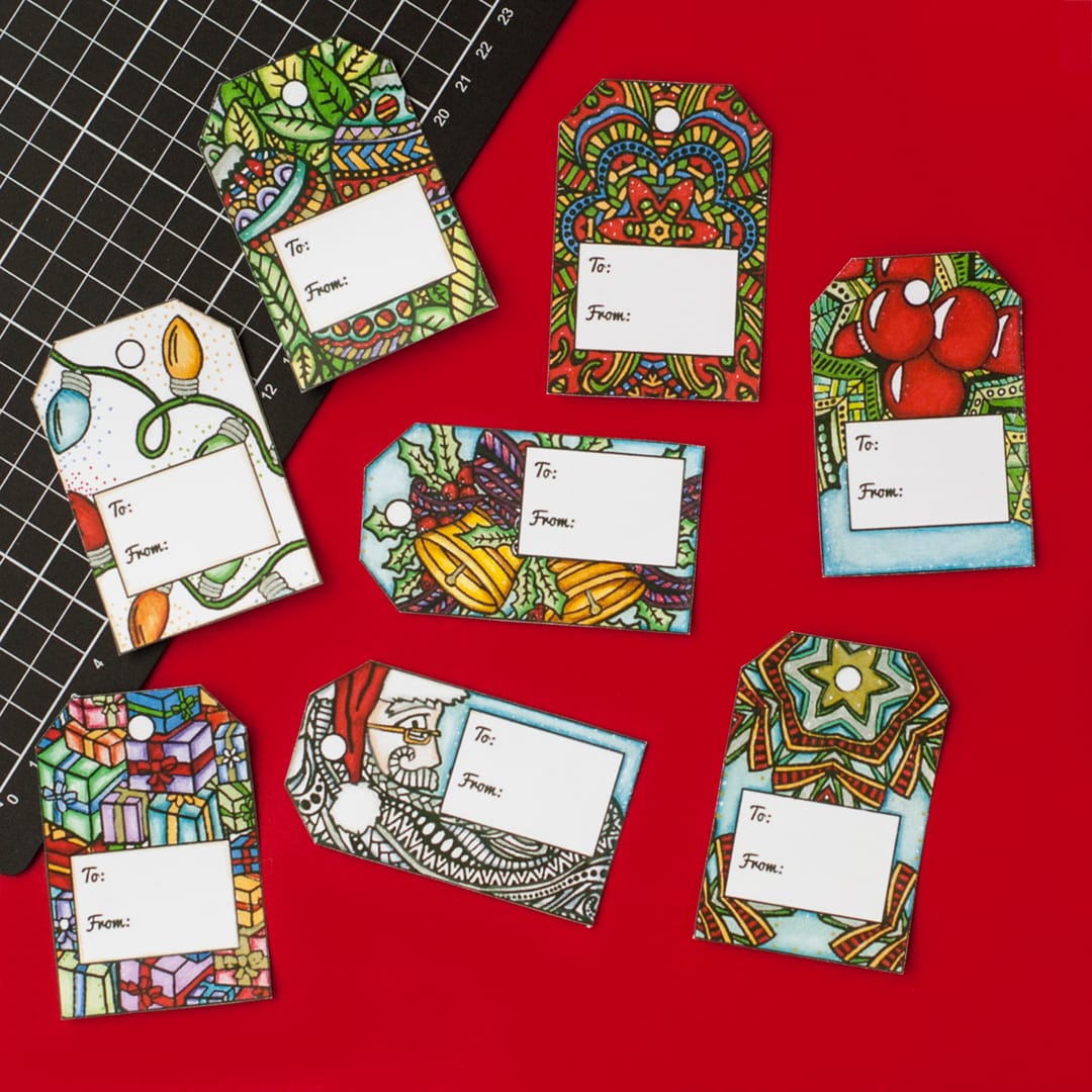DIY Christmas gift tags – 8 printable coloring tags | Find more Christmas printable activities and coloring pages at www.sarahrenaeclark.com/christmas