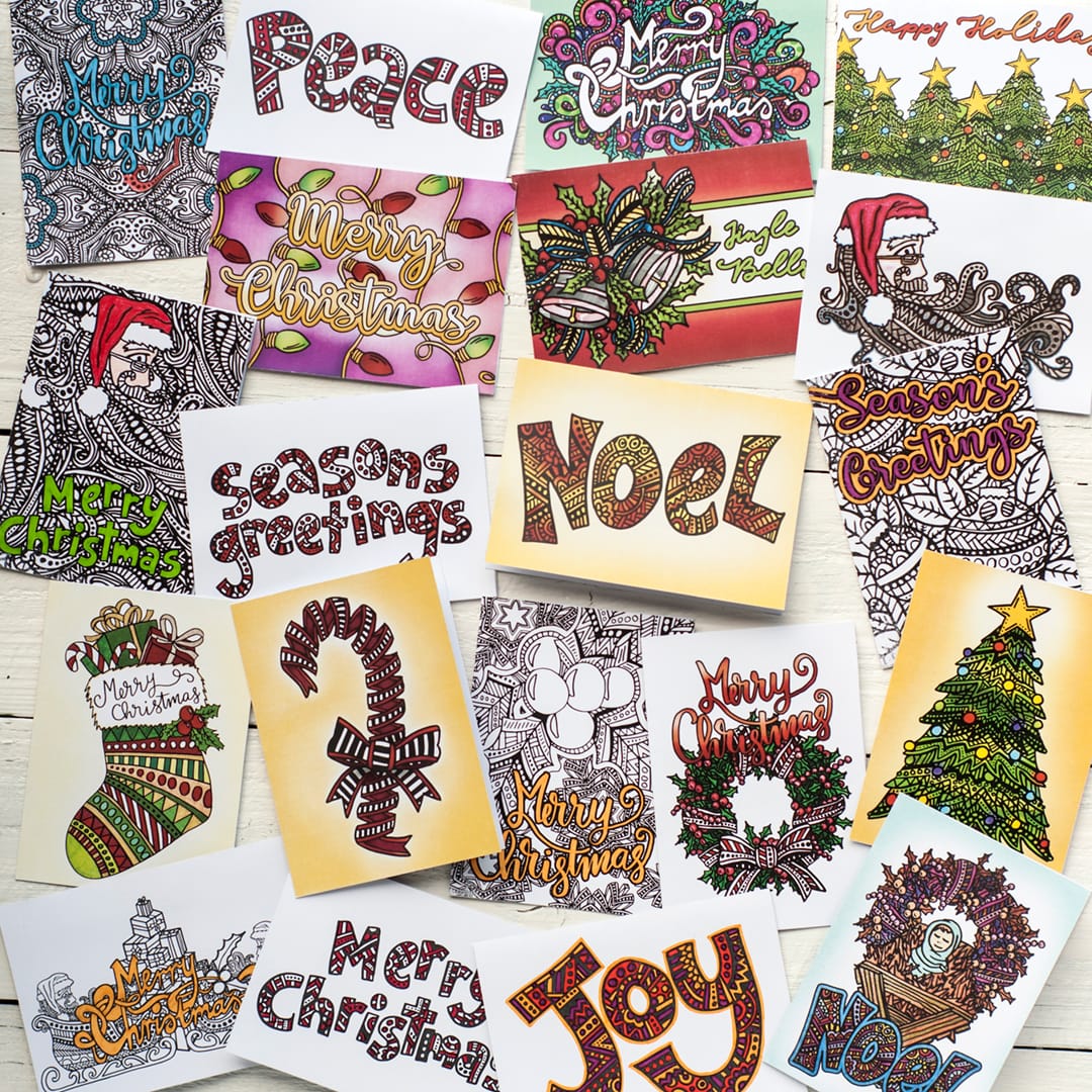 DIY Christmas cards – 20 Printable coloring templates | Find more Christmas printable activities and coloring pages at www.sarahrenaeclark.com/christmas