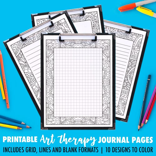 Ooh! Printable journal pages that you can color in! This pack includes 10 different designs, with 4 formats for each journal page including a grid, small lines, big lines and a blank version. | Find more printable planners and calendars to color and organize everything at www.sarahrenaeclark.com | #bulletjournal #printables #plannerlove