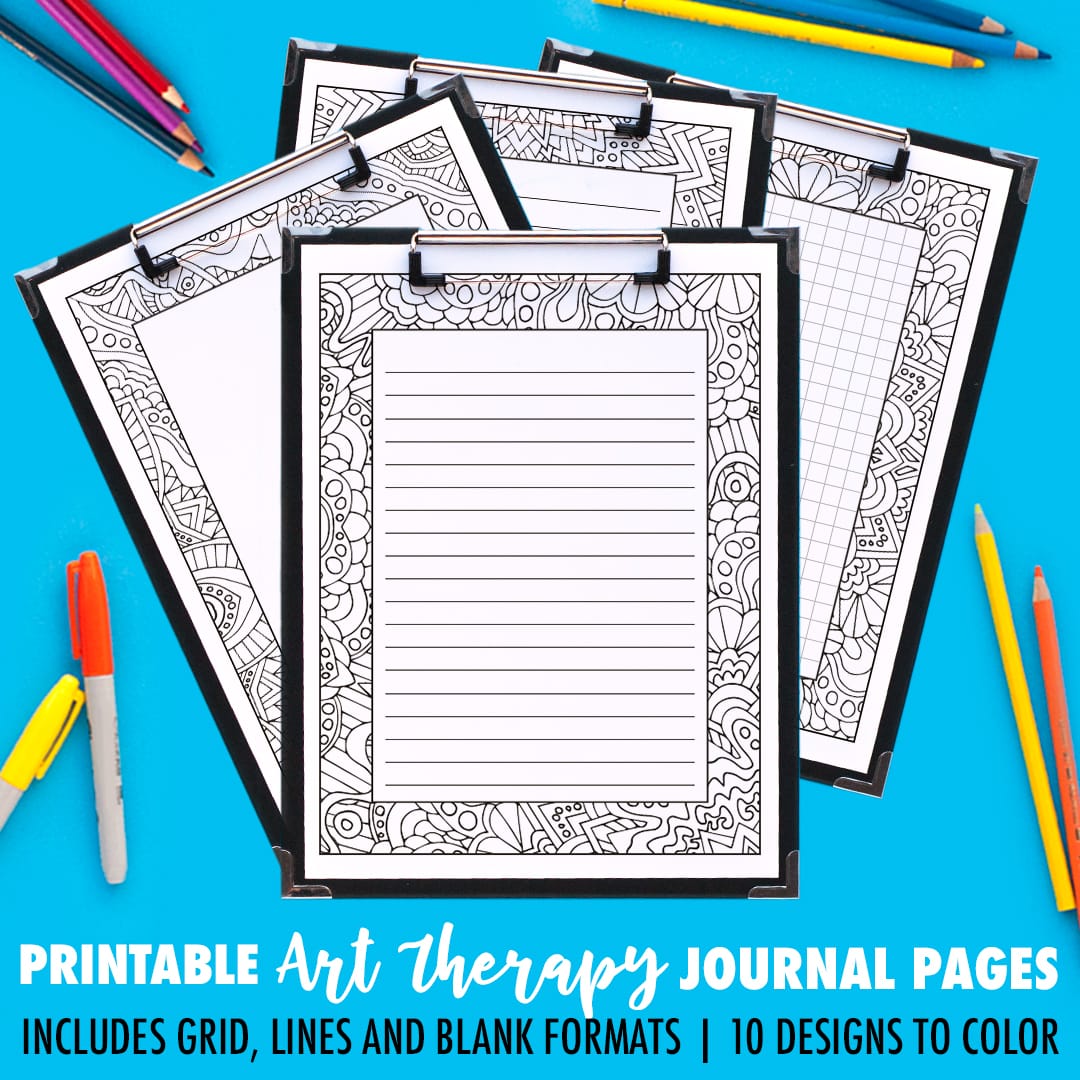 Ooh! Printable journal pages that you can color in! This pack includes 10 different designs, with 4 formats for each journal page including a grid, small lines, big lines and a blank version. | Find more printable planners and calendars to color and organize everything at www.sarahrenaeclark.com | #bulletjournal #printables #plannerlove