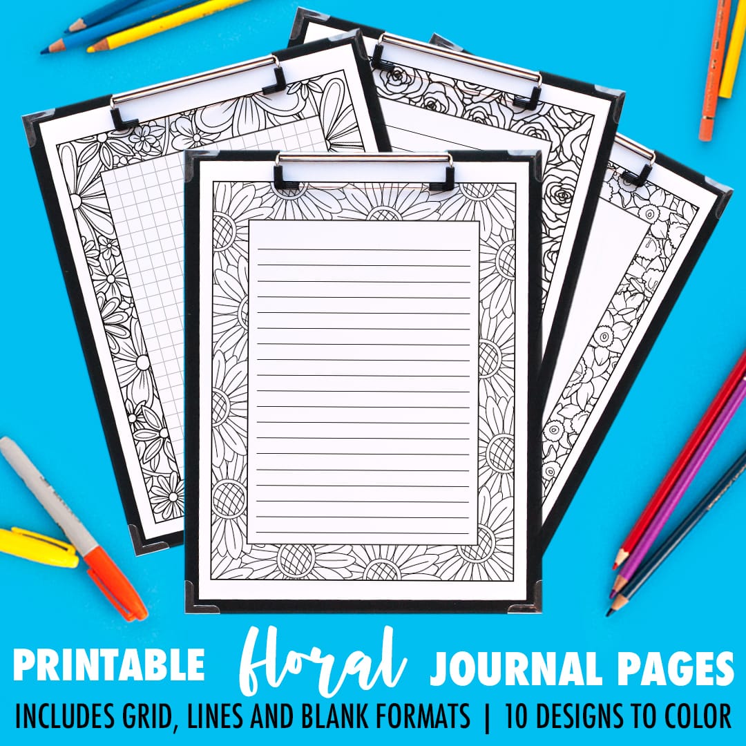 Ooh! Printable journal pages that you can color in! This pack includes 10 different designs, with 4 formats for each journal page including a grid, small lines, big lines and a blank version. | Find more printable planners and calendars to color and organize everything at www.sarahrenaeclark.com | #bulletjournal #printables #plannerlove