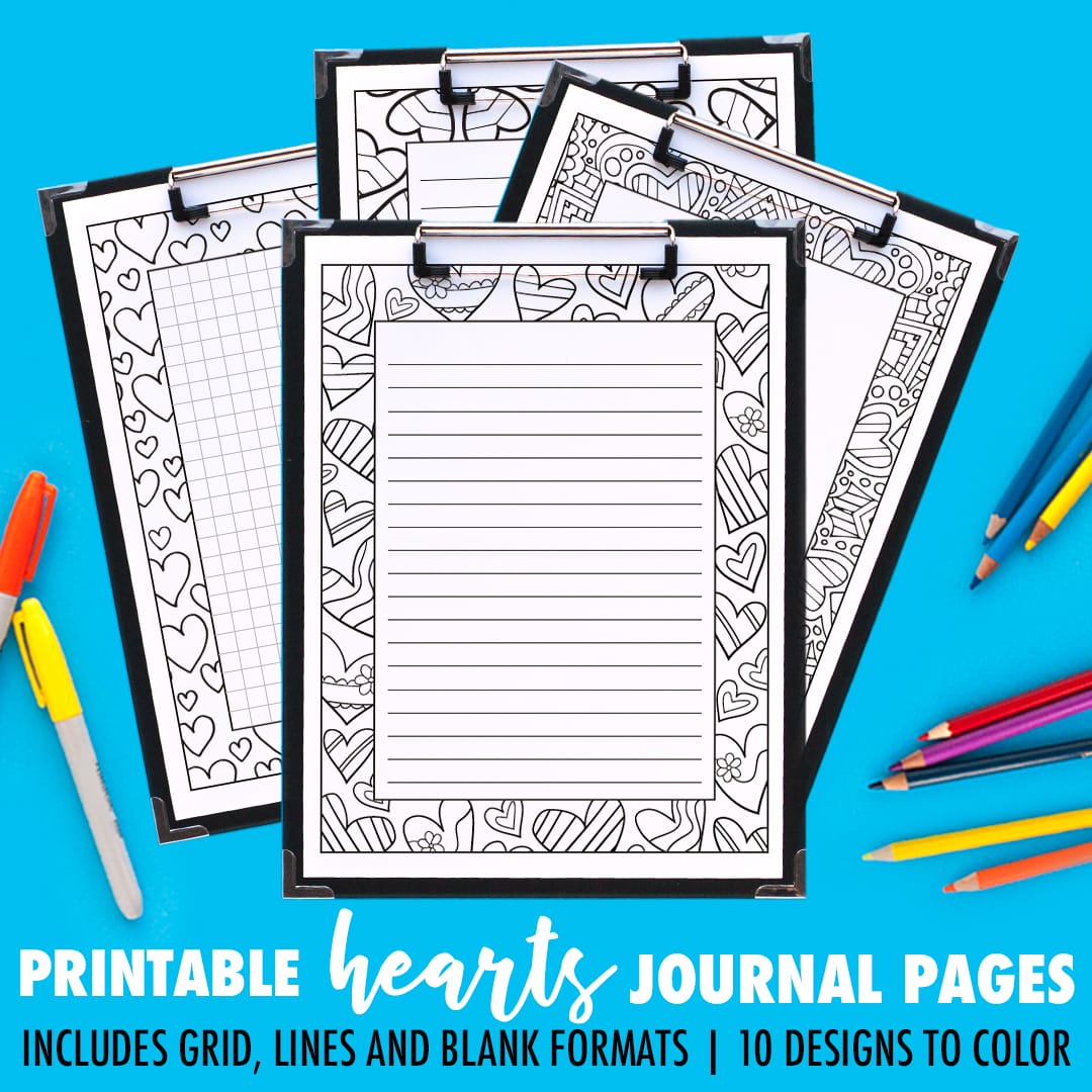 Ooh! Printable journal pages that you can color in! This pack includes 10 different designs, with 4 formats for each journal page including a grid, small lines, big lines and a blank version. | Find more printable planners and calendars to color and organize everything at www.sarahrenaeclark.com | #bulletjournal #printables #plannerlove