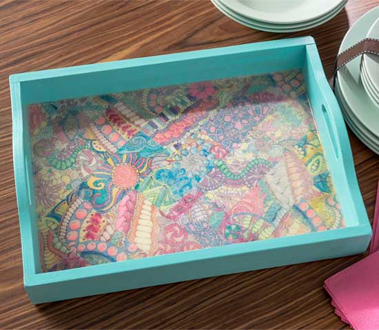 Decorate a tray with your adult coloring pages | Click to see all 29 creative ways to repurpose your coloring pages | #coloringpage #crafts www.sarahrenaeclark.com