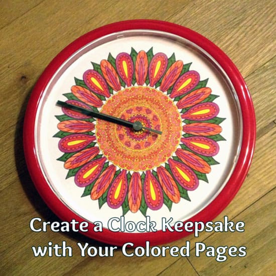Upcycle a clock with your adult coloring pages | Click to see all 29 creative ways to repurpose your coloring pages | #coloringpage #crafts www.sarahrenaeclark.com