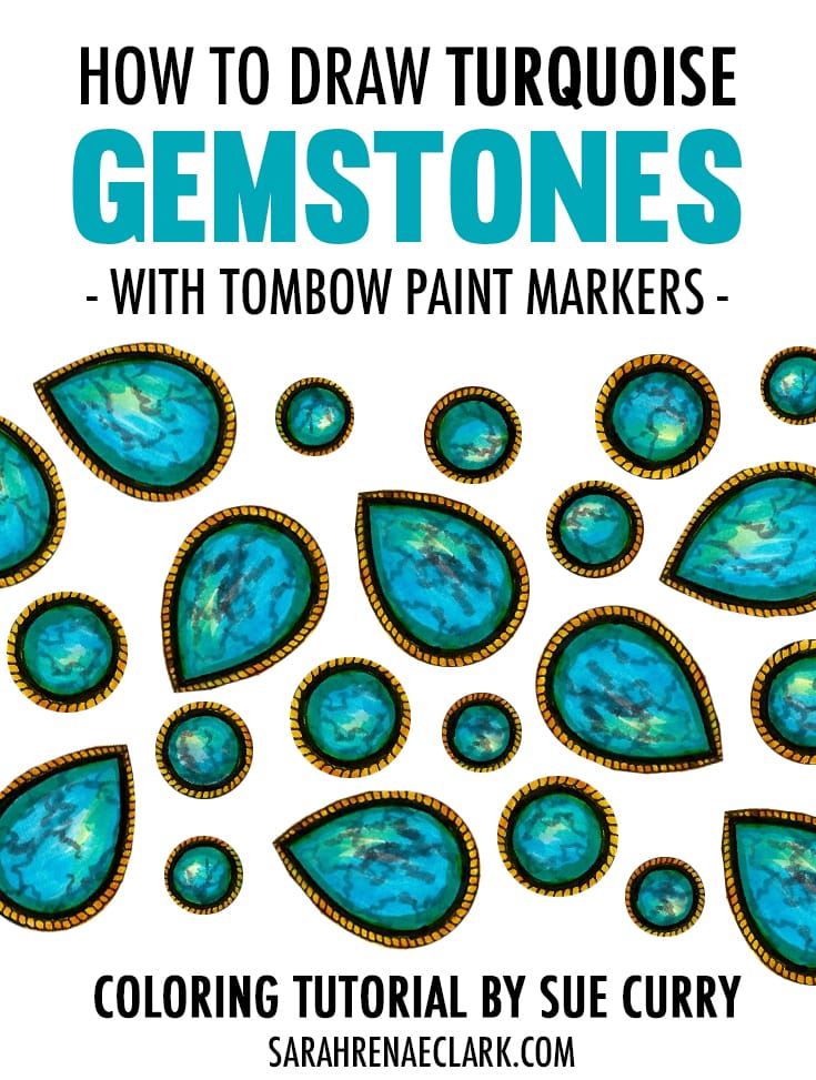 Gemstone adult coloring tutorial - Learn how to draw a turquoise gemstone with Tombow markers | Guest blog post at https://sarahrenaeclark.com #adultcoloring #coloringbook