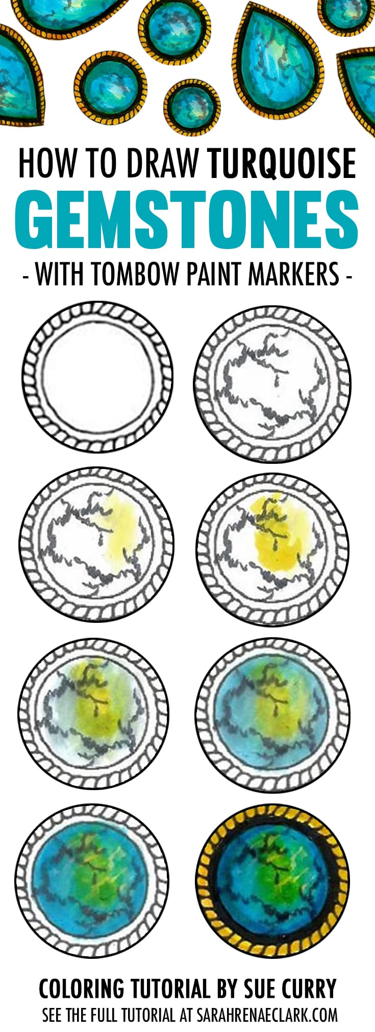 How to draw a gemstone - adult coloring tutorial - Learn how to draw a turquoise gemstone with Tombow markers | Guest blog post at https://sarahrenaeclark.com #adultcoloring #coloringbook