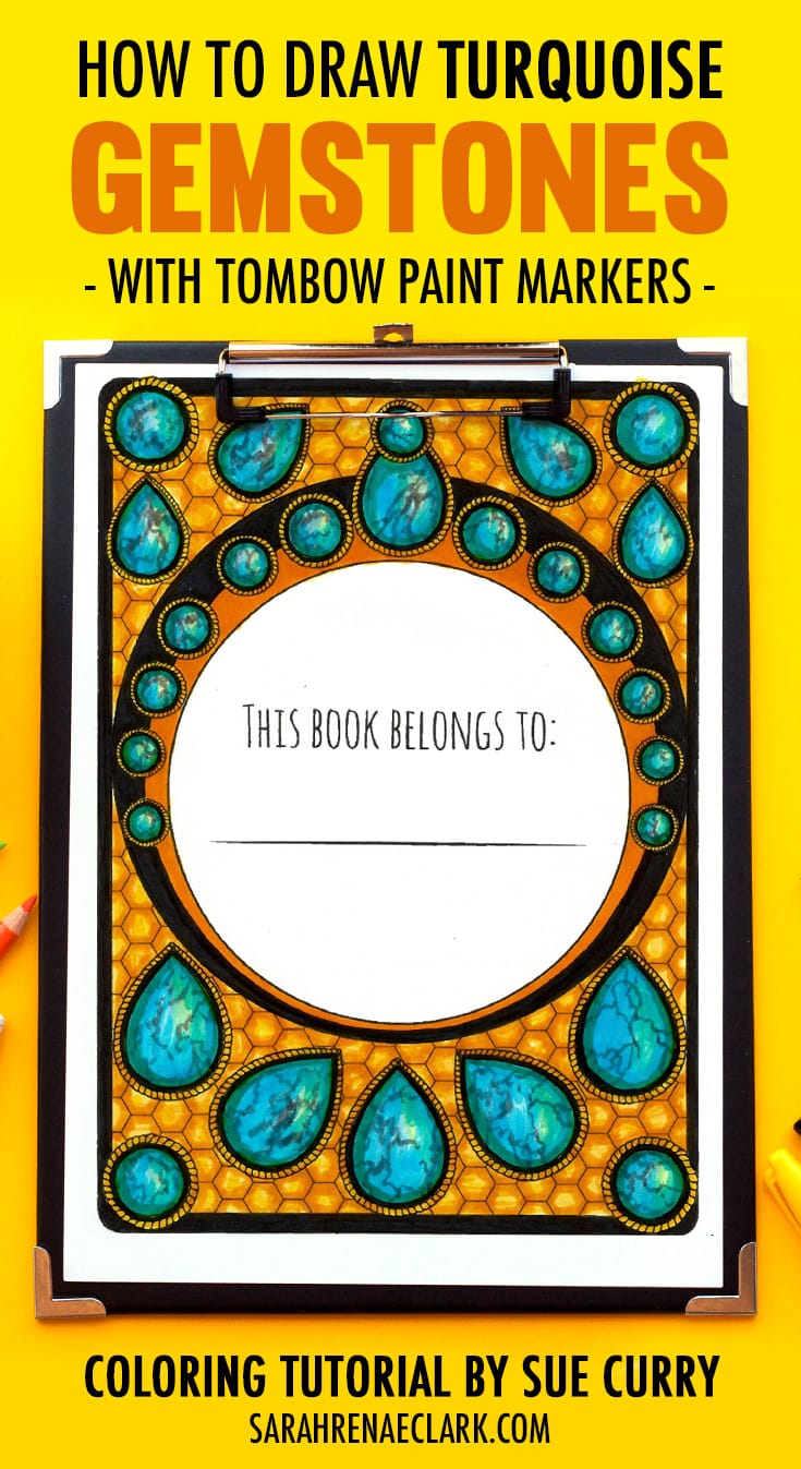 Gemstone adult coloring tutorial - Learn how to draw a turquoise gemstone with Tombow markers | Guest blog post at https://sarahrenaeclark.com #adultcoloring #coloringbook