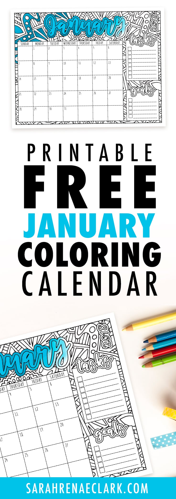 This free printable January calendar is perfect for the coloring book addict! Get organized and enjoy coloring each month. Get it at www.sarahrenaeclark.com // #calendar #printables