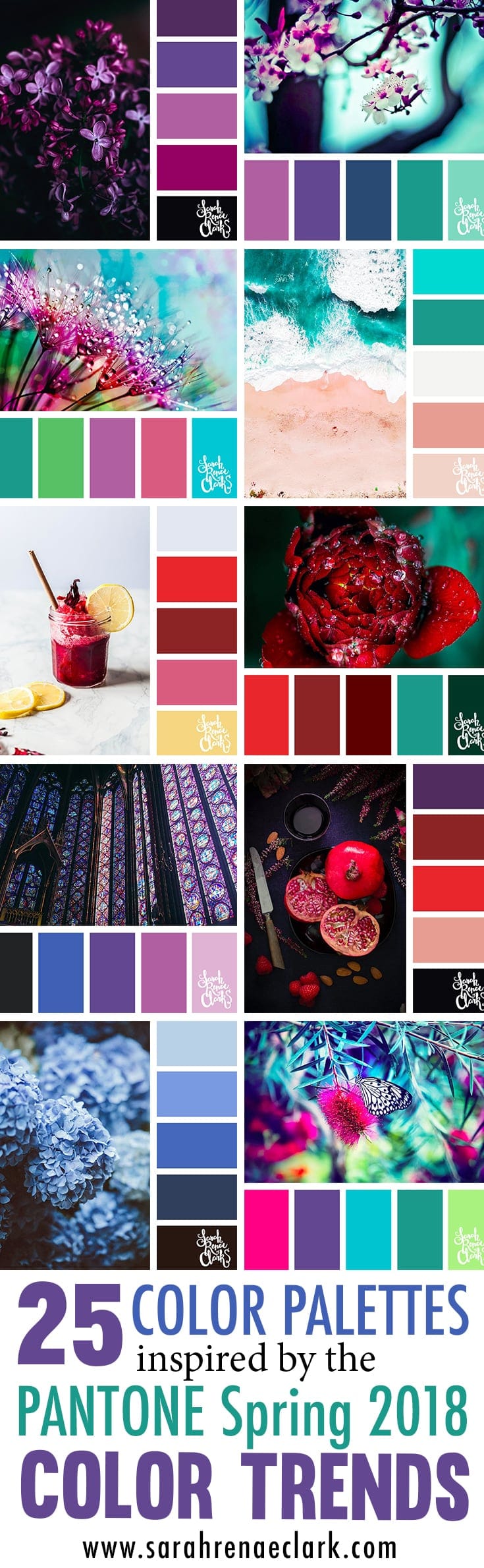 Color palettes inspired by the PANTONE color trend predictions for Spring 2018 - Use these color schemes as inspiration for your next colorful project! Find more color palettes, mood boards and schemes at www.sarahrenaeclark.com #color #colorpalette