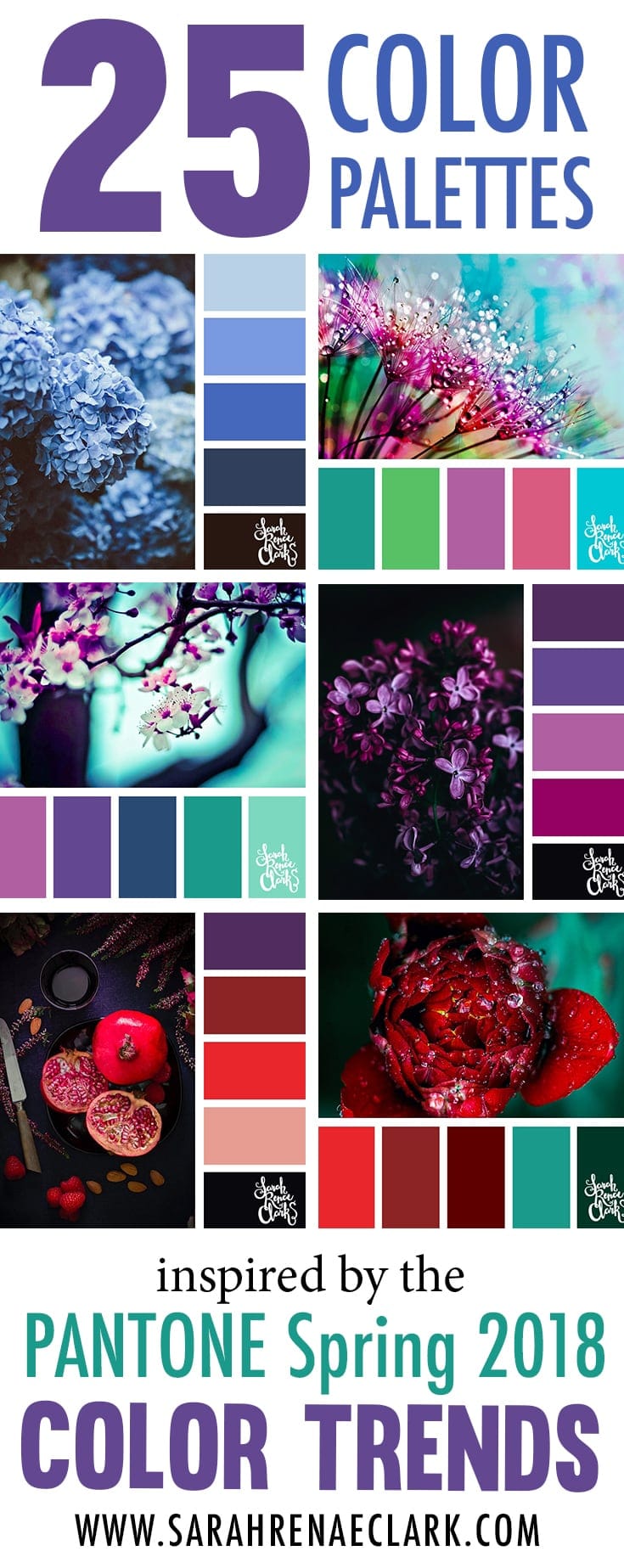 Color palettes inspired by the PANTONE color trend predictions for Spring 2018 - Use these color schemes as inspiration for your next colorful project! Find more color palettes, mood boards and schemes at www.sarahrenaeclark.com #color #colorpalette