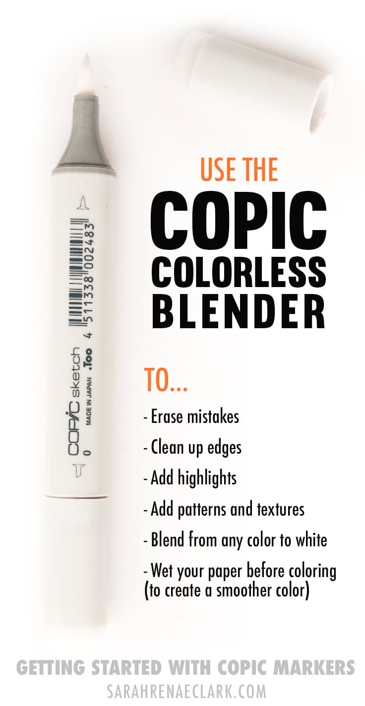 The Copic Colorless Blender Use the Copic Colorless Blender to erase mistakes, add highlights. add patterns and textures, blend from any color to white or to wet your paper before coloring.