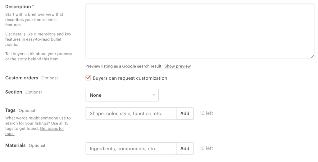 Etsy listing description, customization options, section, tags and materials