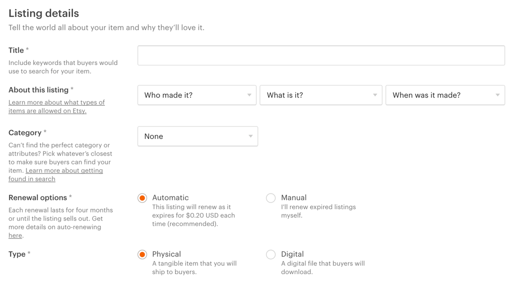 Etsy listing details, title, about, category, renewal options and type