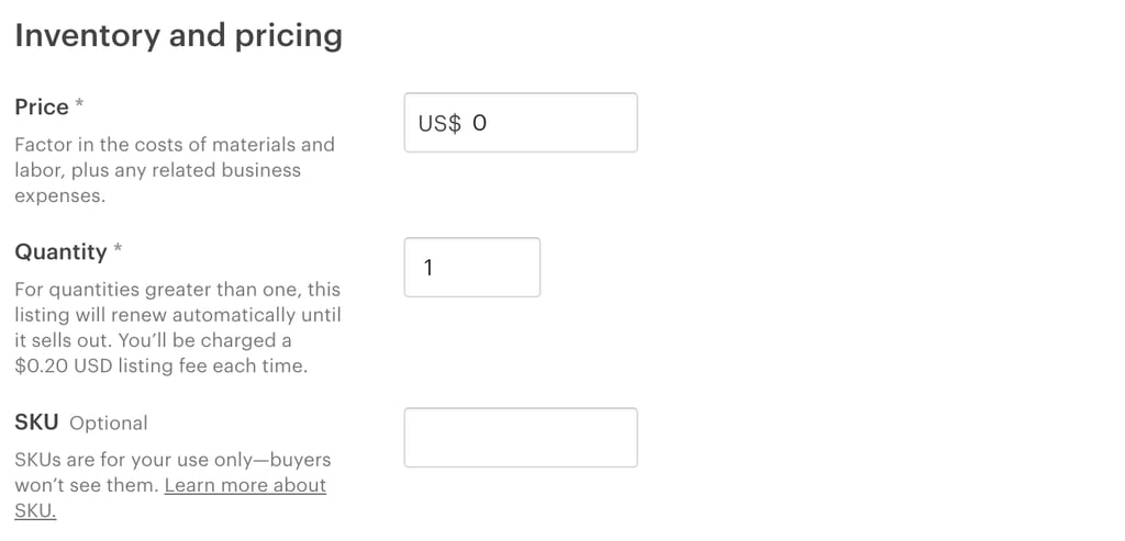 Etsy listing inventory, pricing, quantity, SKU