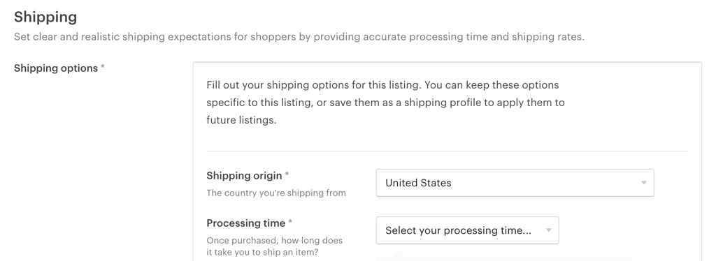 Etsy listing - shipping information