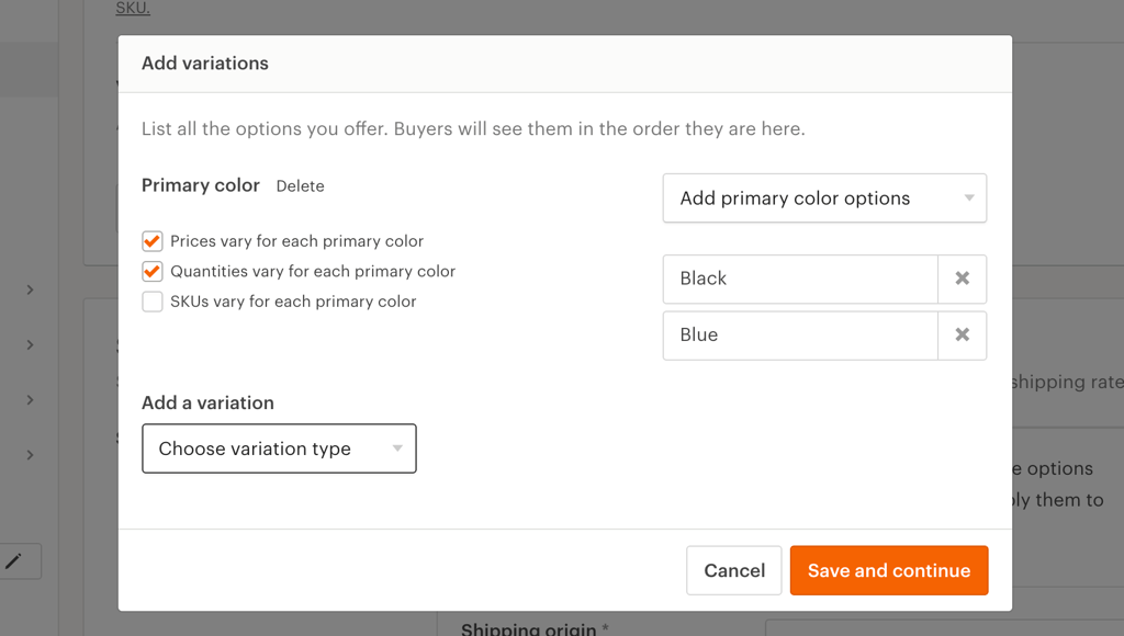 Etsy listings - add a variation