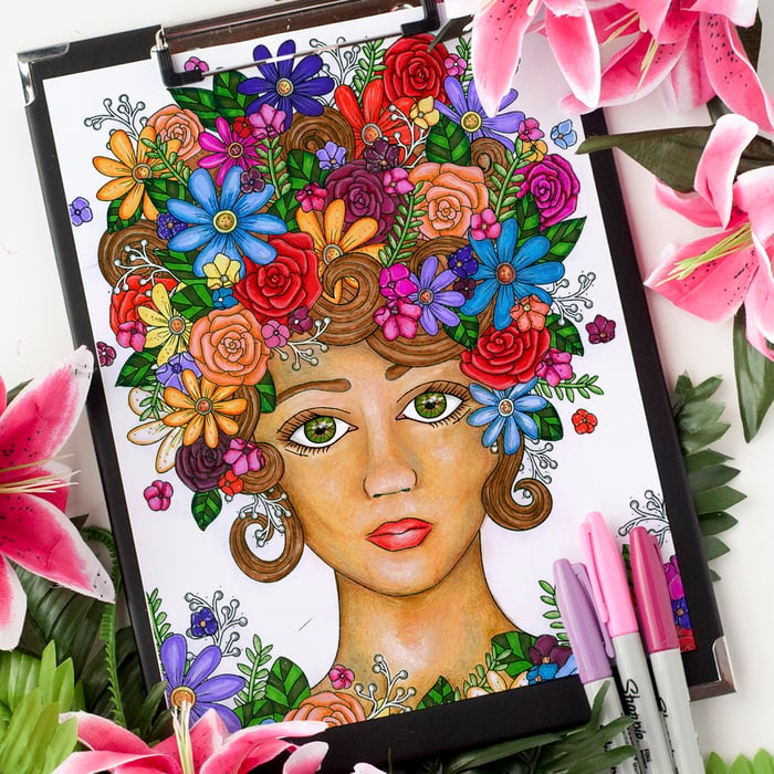 Flower Girl Adult Coloring Page. Colored by Michelle HH