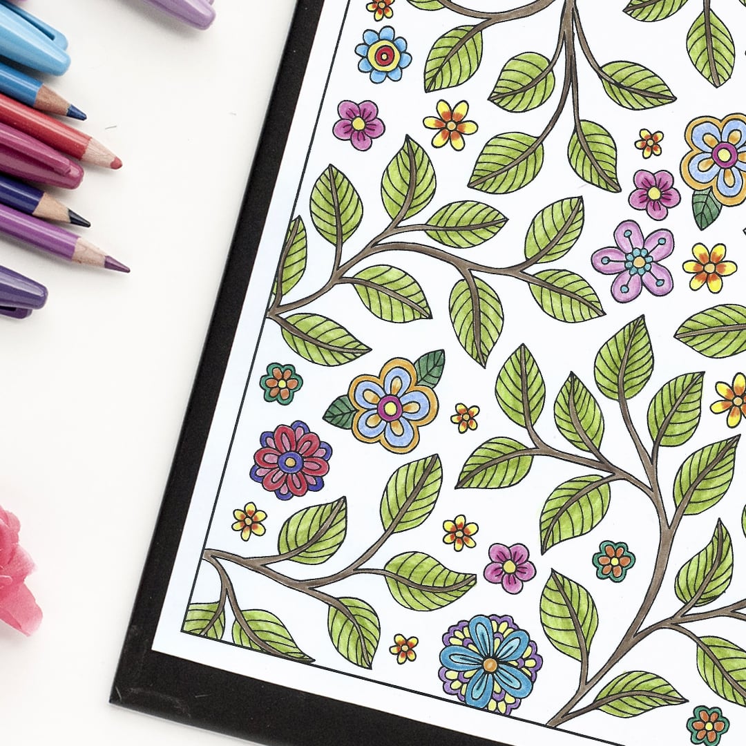 Flowers and Leaves Adult Coloring Page