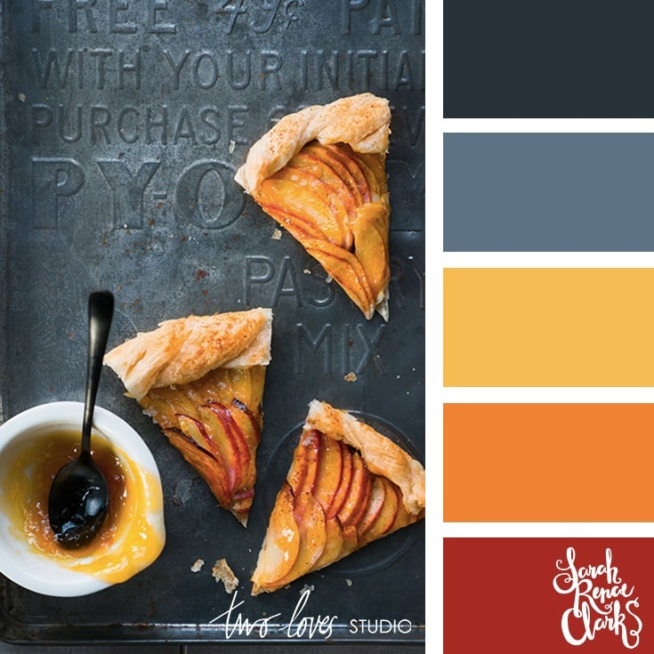 Warm red, mustard, gray color palette