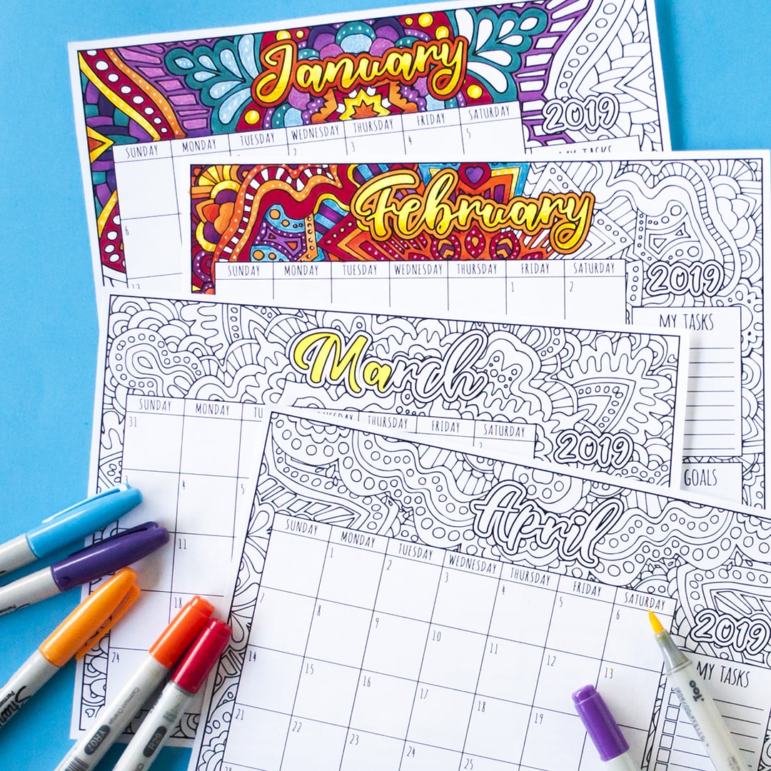 Printable 2019 coloring calendar
