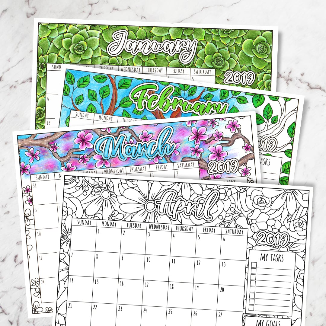 Free 2019 Printable Coloring Calendar - By Sarah Renae Clark, image size:1080x1080