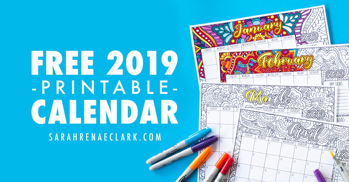 Free 2019 Printable Coloring Calendar by Sarah Renae Clark