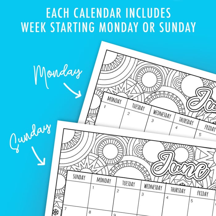 2020 Monthly Coloring Calendar