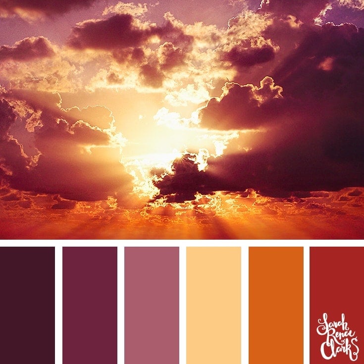 Color Palette 360 - purple hued clouds shading a vibrant bright sun, fading into orange and yellow sunbeams.