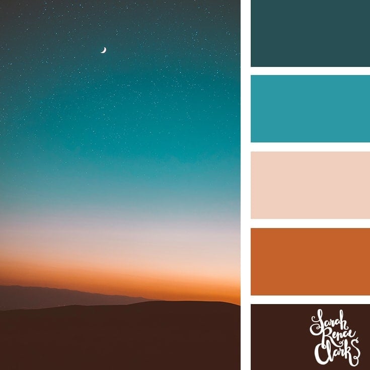 Color Palette 369 - rusty peach sunset fading into a night sky behind a mountain range off on a distant horizon.