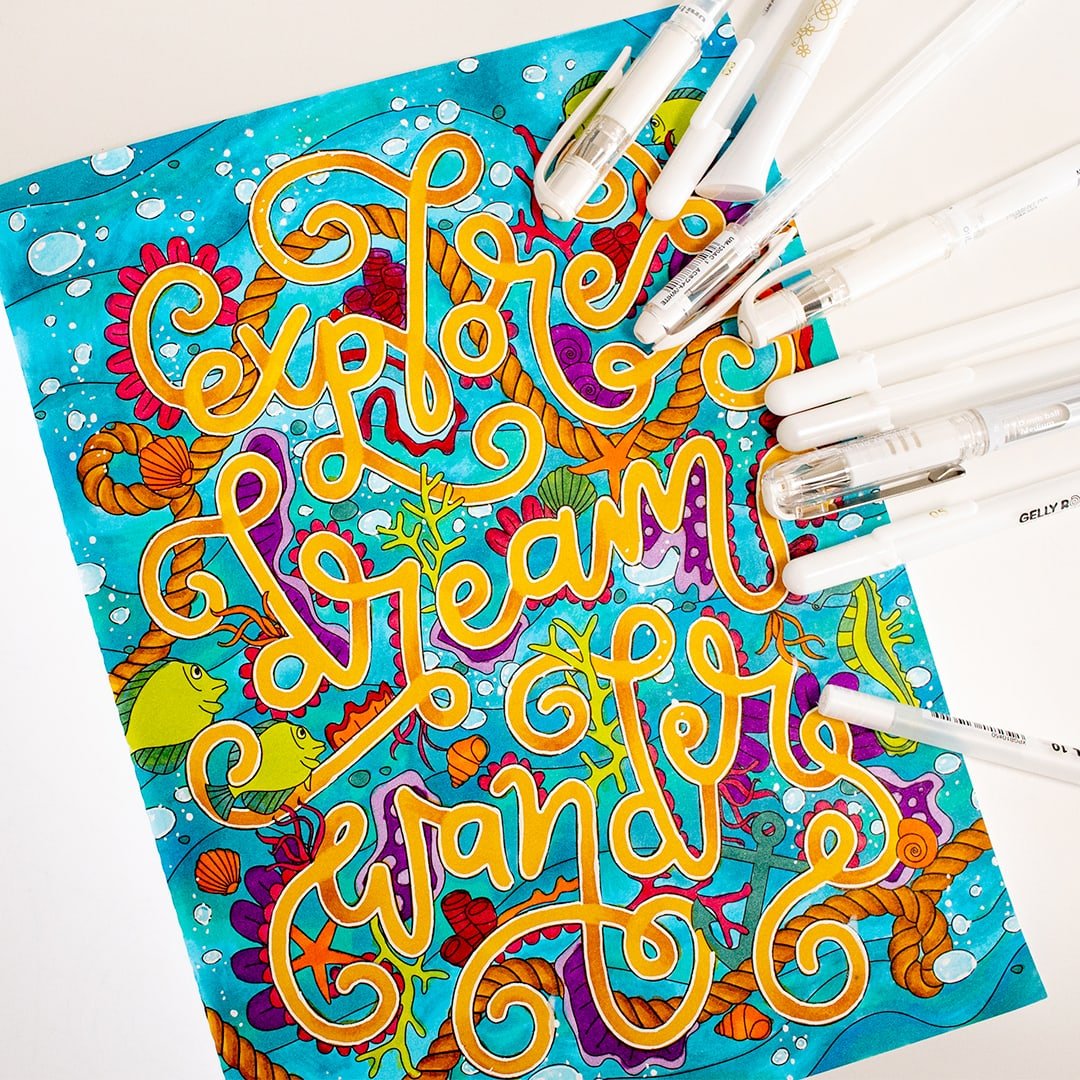 White gel pen highlights on an ocean adult coloring page