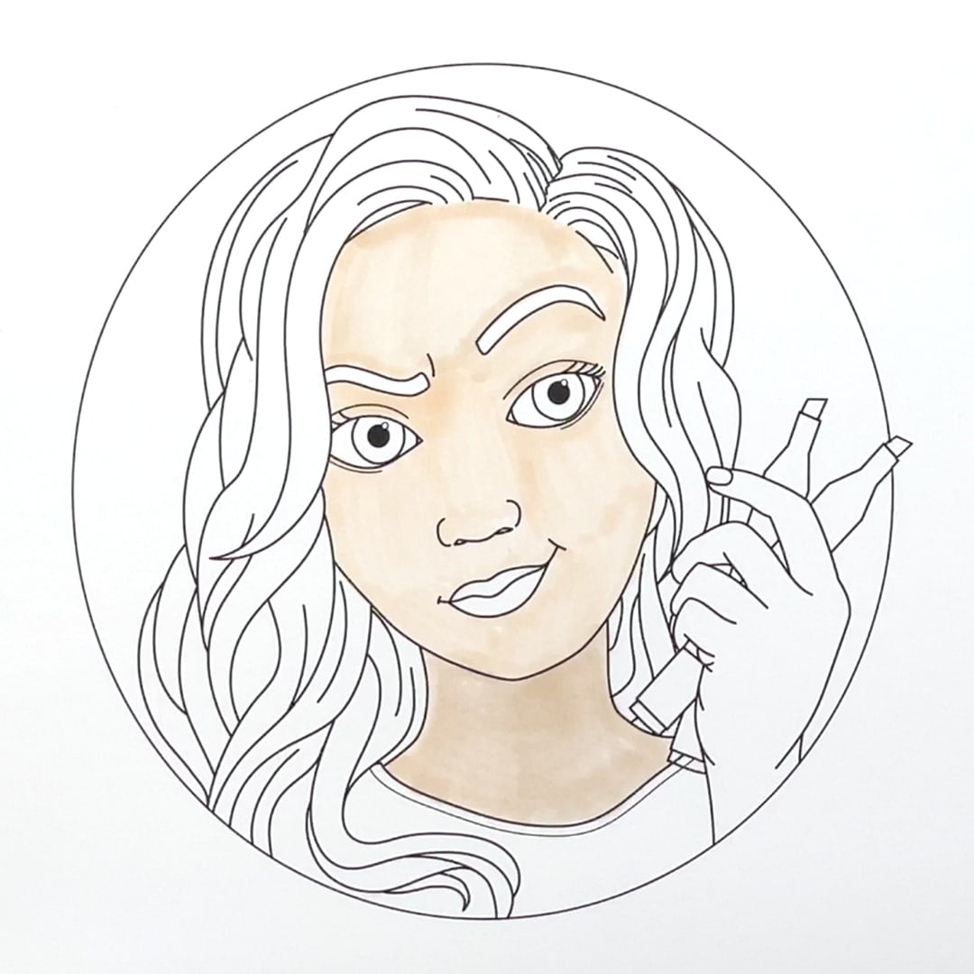 Coloring a face with alcohol markers, step 1