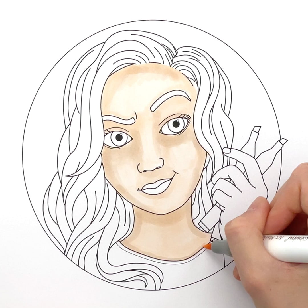 Coloring a face with alcohol markers, step 2