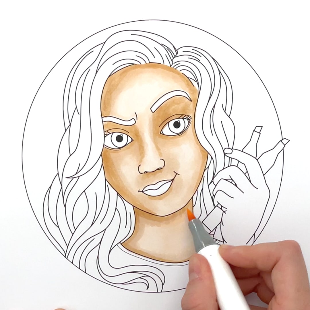 Coloring a face with alcohol markers, step 3