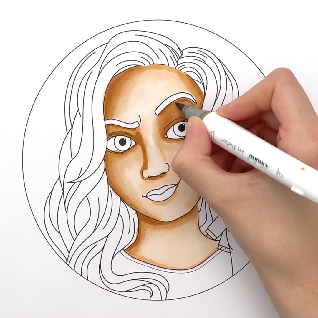 Coloring a face with alcohol markers, step 4