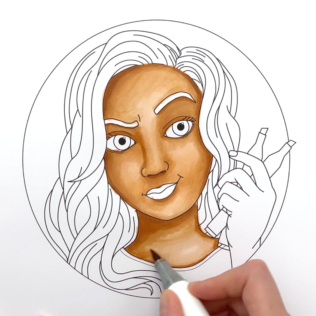Coloring a face with alcohol markers, step 5