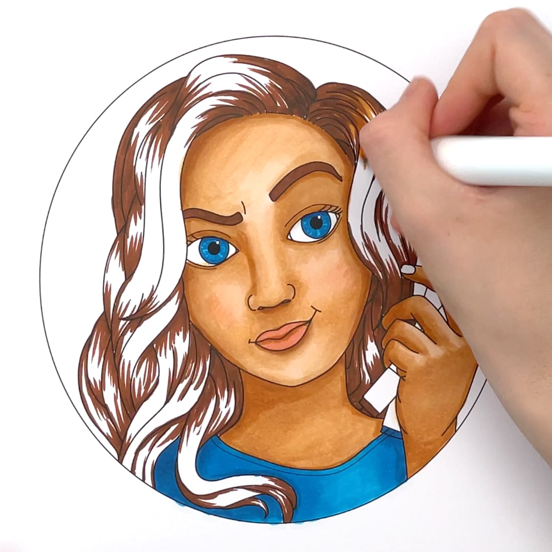 Coloring a face with alcohol markers, step 6