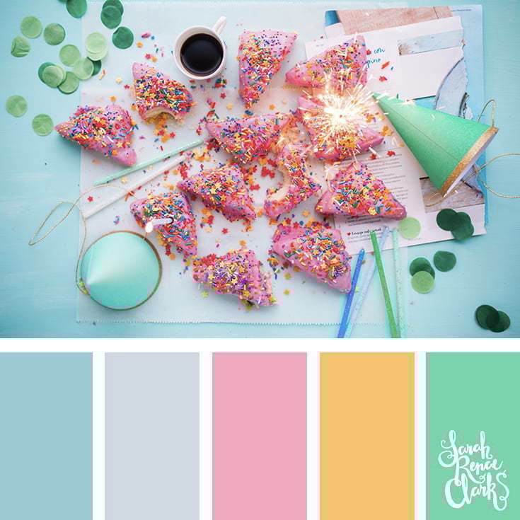 Color Palette 388 - Frosted Scones with sprinkles surrounded by party hats and confetti