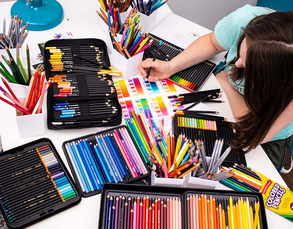 Sarah Renae Clark testing affordable colored pencils for adults