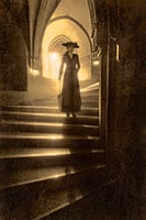 Woman standing on a staircase lighting example