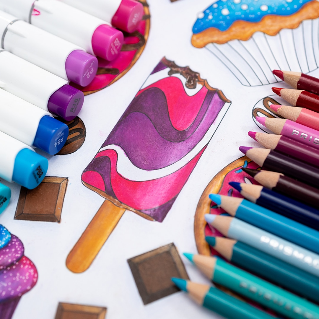 Drawing with Colored Pencils and Markers Together on adult coloring pages