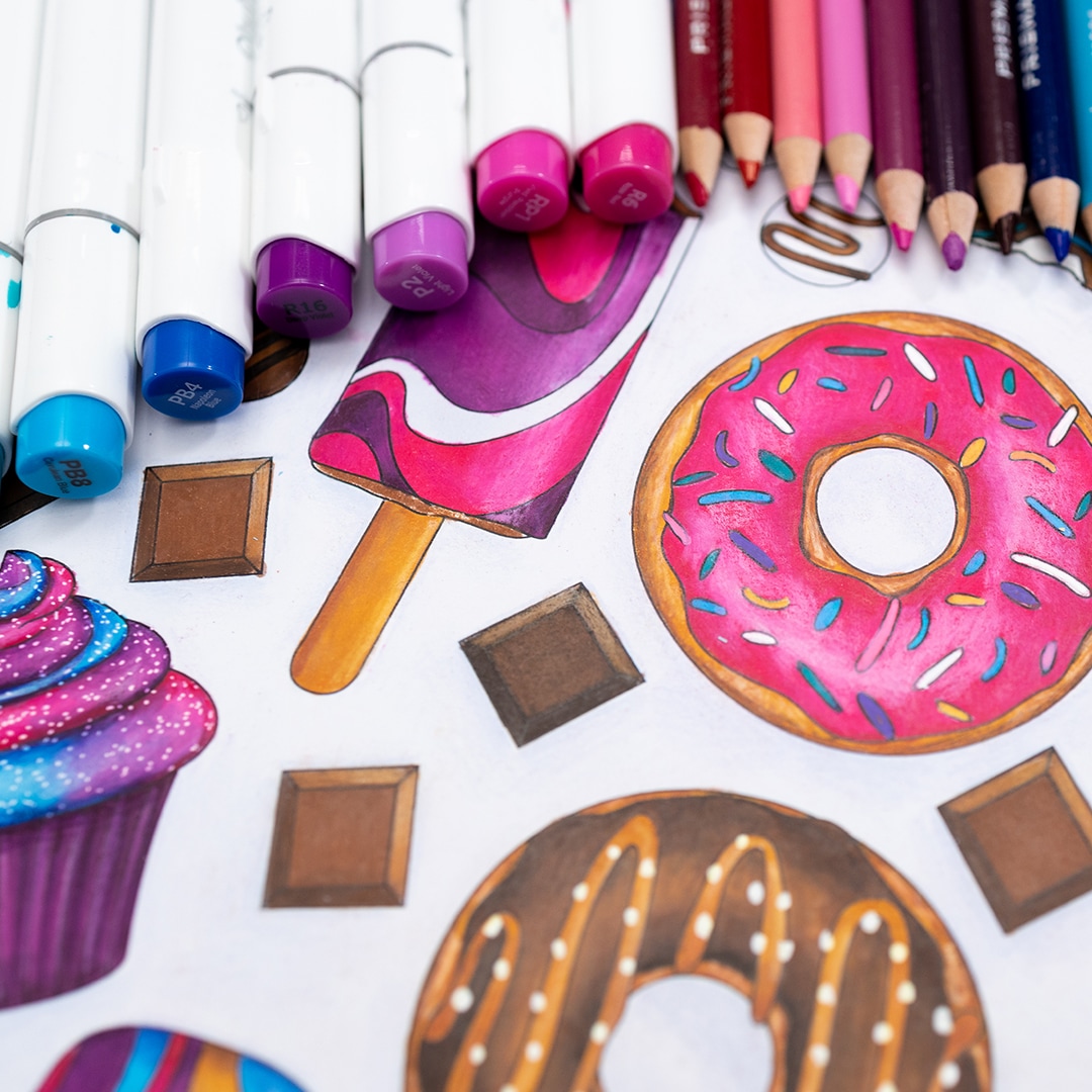 donuts coloring page 41 Adult coloring page with markers and pencils