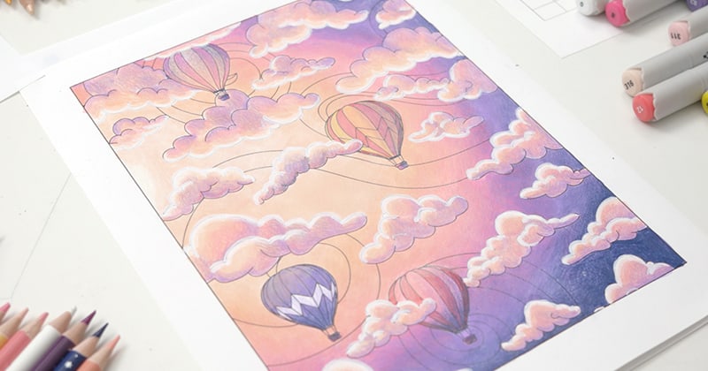 An adult coloring page with clouds and interspersed hot air balloons