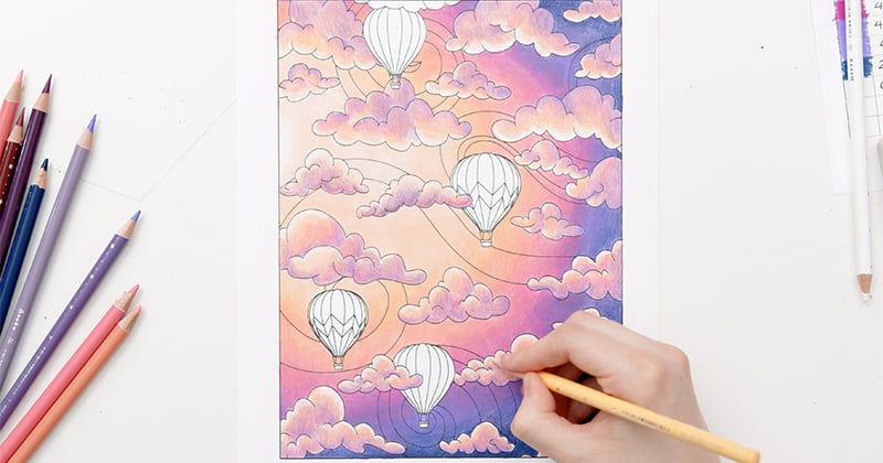 An adult coloring page, in the process of being colored in. 