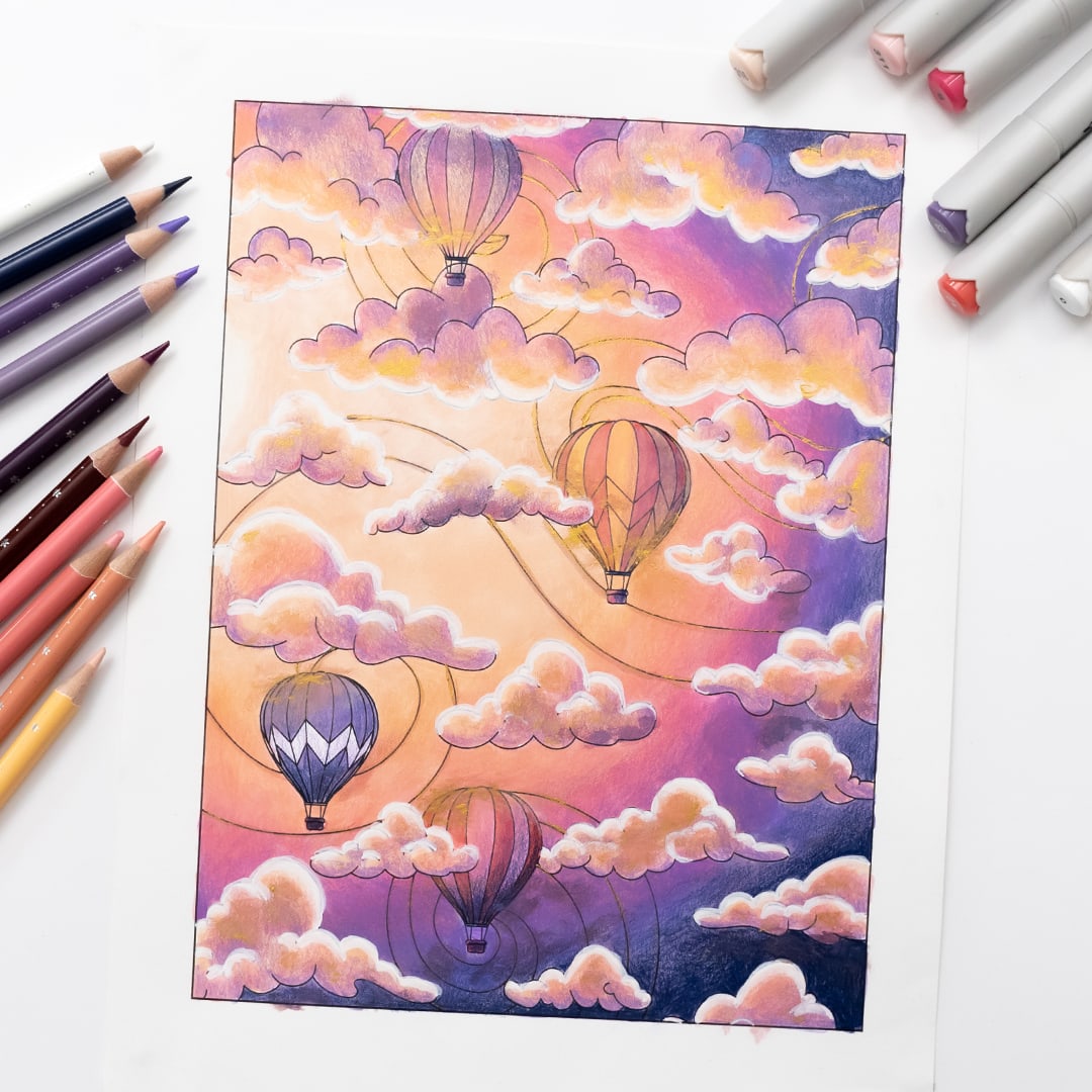 This is a free printable coloring page for adult featuring Balloons in the Clouds. 