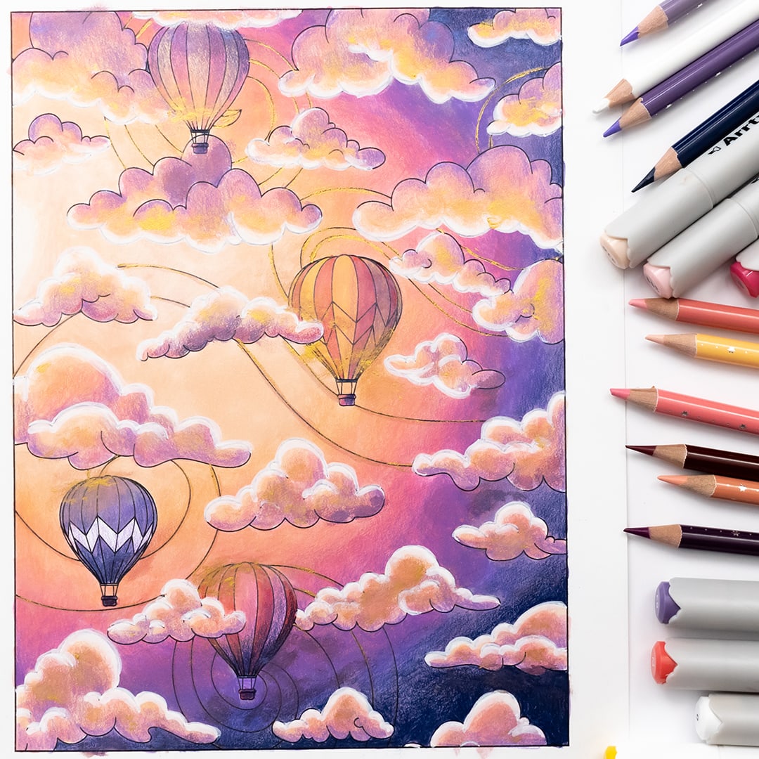 Sunset Balloons and Cloud coloring page colored in wit Arrtx Colored pencils and markers.